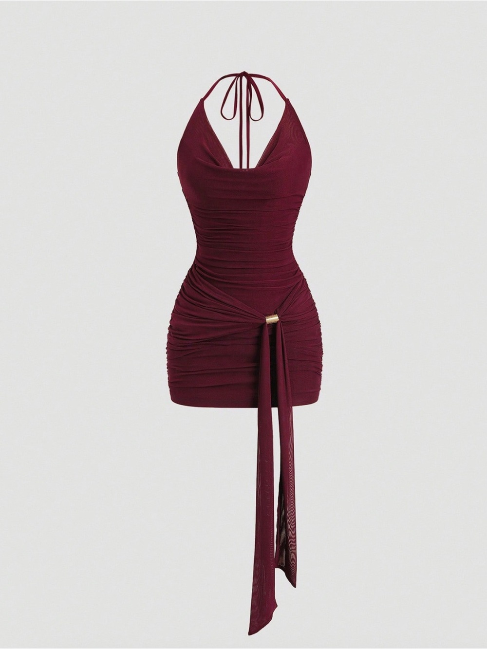 Halter Ruched Mini Dress in Burgundy